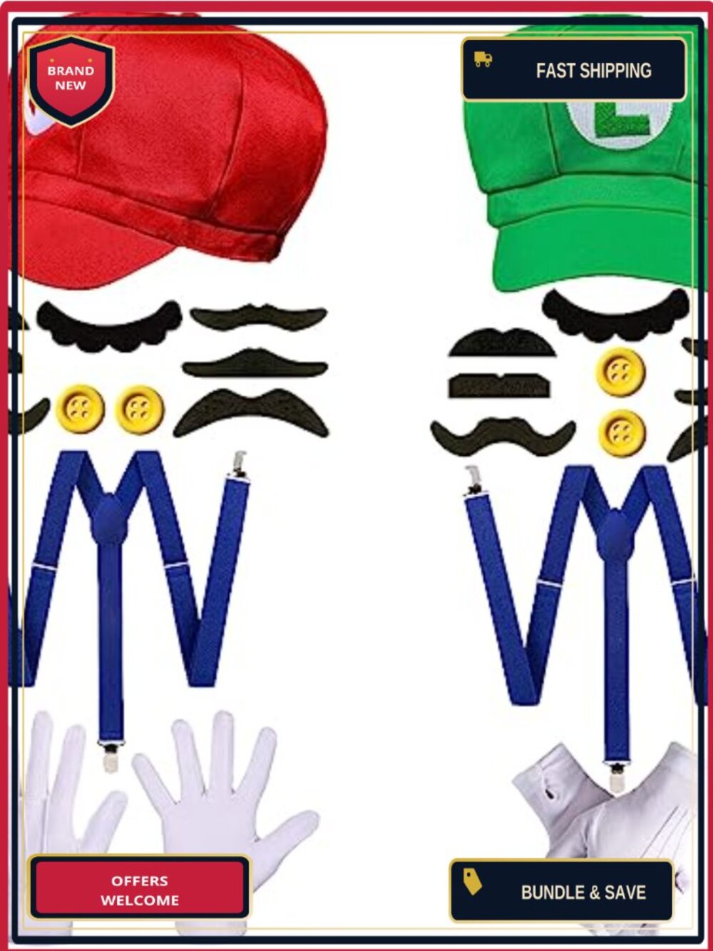 Unisex Adult Halloween Costume Accessory Set Cap Suspenders Mustache Gloves